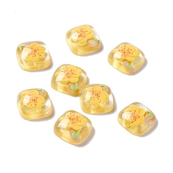 Flower Transparent Resin Cabochons, Square, Gold, Flower Pattern, 19x19x8mm