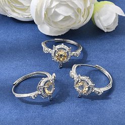 Quartz Jaune Micro cuivres ouvrent zircons bagues, ronde avec des ailes d'ange, avec quartz jaune naturel, platine, plat rond: 14x19.5 mm, taille us 8 1/2 (18.5 mm)