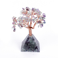 Fluorite Natural Fluorite Chips and Gemstone pedestal Display Decorations, Healing Stone Tree, for Reiki Healing Crystals Chakra Balancing, with Rose Gold Tone Aluminum Wires, Lucky Tree, 120~150x60x59mm