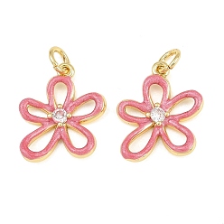 Pink Латунные микропаве прозрачные подвески с фианитом, , с эмалью, стойки покрытие, долговечный, без кадмия и без свинца, реальный 18 k позолоченный, розовые, 16x14x2.5 мм, отверстие : 3.5 мм