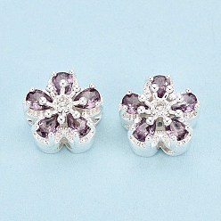 Посеребрённый Латунные микро проложить кубического циркония бусы, цветок, 925 серебро покрытием, 11x11x7 мм, отверстие : 1.8 мм