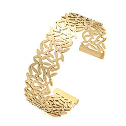 Настоящее золото 18K Ионное покрытие (IP) 304 полые открытые браслеты-манжеты из нержавеющей стали, лист, реальный 18 k позолоченный, внутренний диаметр: 2-1/2 дюйм (6.4 см), 17.5 мм