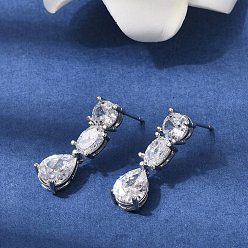 Платина Серьги-гвоздики в форме капли из латуни с микропаве из прозрачных кубических цирконий, долговечный, стойки покрытие, без свинца и без кадмия, платина, 24x7 мм