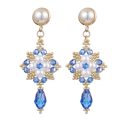 Синий Круглые серьги-гвоздики из стеклянного бисера и стеклянного жемчуга ручной работы, Ткацкий станок, китайское вязание, золотые, синие, 65x27 мм