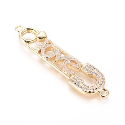 Golden Brass Micro Pave Cubic Zirconia Links connectors, Safety Pin Shape with Word Love, For Valentine's Day, Clear, Golden, 41x10x3mm, Hole: 1.4mm