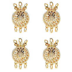 Golden Brass Box Clasps, Multi-Strand Clasps, Flat Round, 3-Strands, 6-Holes, Golden, 20x12x6mm, Hole: 2mm, 4sets/box