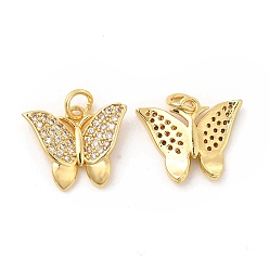 Clear Brass Micro Pave Cubic Zirconia Pendants, with Jump Ring, Butterfly Charm, Golden, Clear, 13.5x17x3.5mm, Hole: 3mm