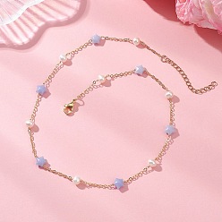 Синий Кружевый Агат Ожерелья из синтетического голубого кружевного агата со звездами, натурального пресноводного жемчуга и латунных звеньев, золотые, 15.75 дюйм (40 см)