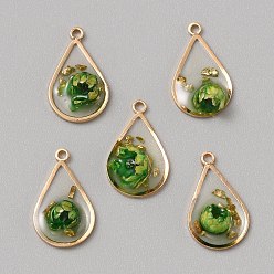 Teardrop Подвески из золотой фольги из смолы, внутренние цветочные подвески, с легкими золотыми тонами латуни, слеза, 19x11x5~7 мм, отверстие : 1.5 мм