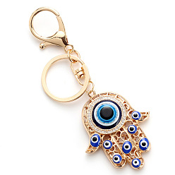 Golden Alloy Enamel Keychain, with Alloy Key Rings & Lobster Claw Clasps and Rhinestone, Hamsa Hand with Evil Eye, Golden, 11.8cm