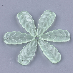 Light Green Transparent Spray Painted Glass Pendants, Leaf, Light Green, 23x10x4~4.5mm, Hole: 1.2mm