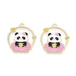 Pink Подвески из эмали и сплава, плоская круглая панда с цветочными подвесками, золотой свет, розовые, 28.5x26.5x1.5 мм, отверстие : 1.8 мм