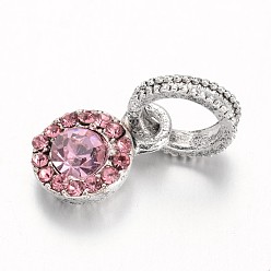 Light Rose Antique Silver Plated Alloy Rhinestone European Dangle Charms, Flat Round Large Hole Pendants, Light Rose, 19mm, Hole: 6mm