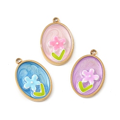 (52) Непрозрачная лаванда 304 нержавеющей стальной эмали подвески, овал с цветочными подвесками, ионное покрытие (ip), реальный 18 k позолоченный, разноцветные, 18.5x12x2.5 мм, отверстие : 1.4 мм