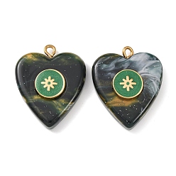 Темно-серый 304 подвески из нержавеющей стали смолы, сердце с плоским круглым кулоном, с эмалью, золотые, темно-серый, 28x23x6 мм, отверстие : 2 мм