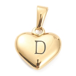 Letter D 304 Stainless Steel Pendants, Heart with Black Letter, Golden, Letter.D, 16x16x4.5mm, Hole: 7x3mm