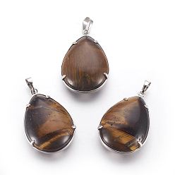 Tiger Eye Natural Rose Quartz Pendants, with Brass Findings, Teardrop with Tree, Platinum, 37x25~26x10~11mm, Hole: 5x8mm