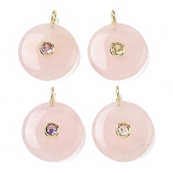 Розовый Кварц Природного розового кварца подвески, плоские круглые подвески с латунной микропаве из кубических цирконий случайных цветов, золотые, 31~31.5x25x7 мм, отверстие : 2x3 мм