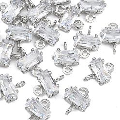 Clear SHEGRACE Brass Pave Cubic Zirconia Rectangle Connector Charms, Cadmium Free & Nickel Free & Lead Free, Long-Lasting Plated, Real Platinum Plated, Clear, 9x7x4mm, Hole: 1mm and 1.2mm