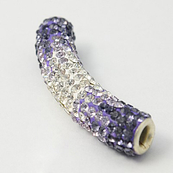 Violet Polymer Clay Rhinestone Tube Beads, Grade A, with Double Brass Cores, Tube, Silver Color Plated, Violet, 47x9mm, Hole: 4mm