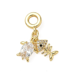 Fish Европейские подвески-шармы с морскими животными из латуни, паве из прозрачных кубических цирконий, Подвески с большими отверстиями, реальный 18 k позолоченный, рыбьей костью, 22.5 мм, отверстие : 4 мм