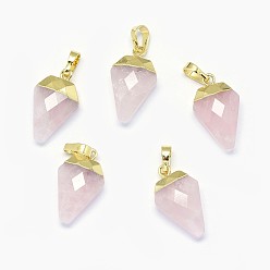 Rose Quartz Natural Rose Quartz Pendants, with Long-Lasting Plated Brass Findings, Faceted, Diamond, Golden, 18x11x5mm, Hole: 3.5x5.5mm