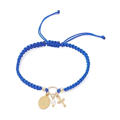Синий Овал с Девой Марией и крестом 304 браслеты с подвесками из нержавеющей стали и натурального пресноводного жемчуга, плетеные браслеты из нейлонового шнура для женщин, синие, внутренний диаметр: 2~3-3/8 дюйм (5~8.7 см)