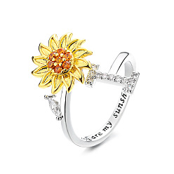 Letter I Регулируемые вращающиеся манжеты из латуни со стразами, письмо и подсолнух, Словом ты мое солнышко, Кольцо-спиннер для успокоения беспокойства, медитации, платина и светлое золото, Буква "i", внутренний диаметр: 15~20 мм