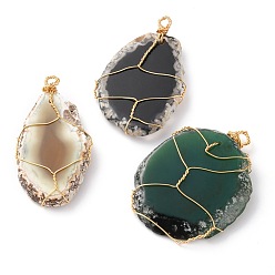 Mixed Stone Natural & Synthetic Agate Pendants, with Golden Copper Wire, Teardrop & Flat Round & Oval, 55~56x30~44x7~9mm, Hole: 3~4.5x4~5mm
