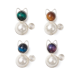 (52) Непрозрачная лаванда 4 шт. 4 цвета, перламутровые ракушки и натуральный тигровый глаз (смешанные окрашенные и неокрашенные), подвески в форме кошки из медной проволоки, прелести котенка, серебряный цвет гальваническим, разноцветные, 23x16x10 мм, отверстие : 3x2 мм, 1 шт / цвет