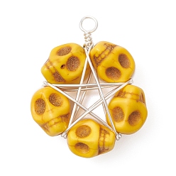 Желтый Подвески из бисера в виде черепа из синтетической бирюзы, окрашенные в стиле Хэллоуина, подвески-пентаграммы из медной проволоки, покрытой серебром, желтые, 30.5x25x10 мм, отверстие : 3 мм