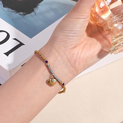 Светло-Голубой 304 Браслеты из нержавеющей стали, стекла и стразов, 304 Женские браслеты из круглых бусин из нержавеющей стали, сердце, золотые, Небесно-голубой, 6.89 дюйм (17.5 см)