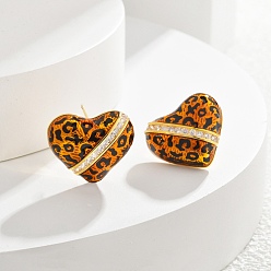 Сердце Латунные серьги-гвоздики с микропаве из кубических цирконий с леопардовым принтом, с эмалью, реальный 22 k позолоченный, сердце, 15.5x18.5 мм