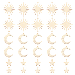 Golden 30Pcs 3 Style Brass Charms & Links Connectors, Long-Lasting Plated, Star & Sun & Moon, Golden, 10pcs/style