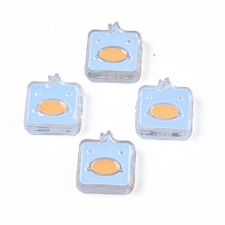Light Sky Blue Transparent Acrylic Beads, with Enamel, Square with Duck, Light Sky Blue, 24x23x8mm, Hole: 3mm