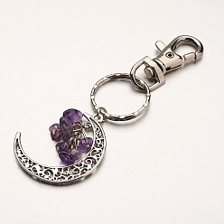 Amethyst Natural Amethyst Pendant Keychain, with Alloy Pendants, Iron Rings and Alloy Keychain Findings, Moon, 100mm
