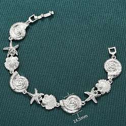 Платина Летние пляжные браслеты-цепочки с микропаве из латуни, прозрачными кубическими циркониями в форме морских звезд и ракушек, платина, 7-1/4 дюйм (18.4 см)