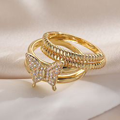 Золотой 2шт. латунные кольца-манжеты с микропаве из кубического циркония, многорядные кольца для женщин, бабочка, золотые, размер США 8 (18.1 мм)