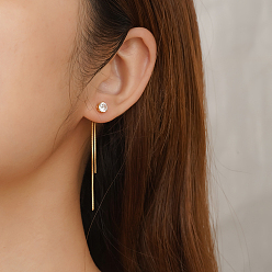 Настоящее золото 18K Элегантные плоские круглые серьги-гвоздики из нержавеющей стали с кисточками, цепочка-оберег, с четким кубического циркония, реальный 18 k позолоченный, 55.63x5.77 мм