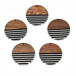 Black Stripe Resin & Walnut Wood Pendants, Flat Round, Black, 35x3mm, Hole: 2mm