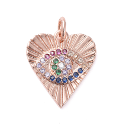 Rose Gold Brass Micro Pave Cubic Zirconia Pendants, Long-Lasting Plated, Heart with Eye, Colorful, Rose Gold, 16x14x2mm, Hole: 3.1mm
