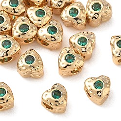Real 18K Gold Plated SHEGRACE Brass Green Cubic Zirconia Beads, Texture Heart, Cadmium Free & Lead Free & Nickel Free, Real 18K Gold Plated, 5x5x4mm, Hole: 1.6mm
