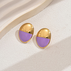Фиолетовый 201 овальные серьги-гвоздики с эмалью из нержавеющей стали, золотые, фиолетовые, 24x19 мм