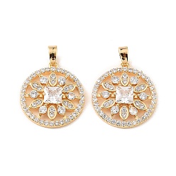 Настоящее золото 18K Подвески из латуни и прозрачного циркония, плоские круглые подвески с цветочным узором, реальный 18 k позолоченный, 21x18.5x3.5 мм, отверстие : 5x2.5 мм