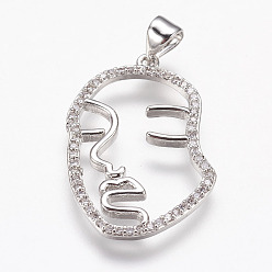 Platinum Brass Micro Pave Cubic Zirconia Pendants, Face, Platinum, 27x17x2mm, Hole: 3x5mm