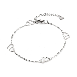 Stainless Steel Color Tarnish Resistant 304 Stainless Steel Cable Chain Anklets, with Double Heart Link and Lobster Claw Clasps, Stainless Steel Color, 9 inch(22.8cm)