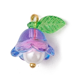 Фиолетовый Стеклянные подвески, цветок, с акриловыми и пластиковыми бусинами, имитирующими жемчуг, и золотистой латунной петлей, фиолетовые, 15.5x15x11 мм, отверстие : 1.2 мм