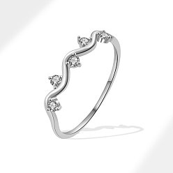 Платина Кольца для женщин с микропаве из латуни и прозрачными кубическими цирконами, волна, платина, размер США 8 (18.1 мм)