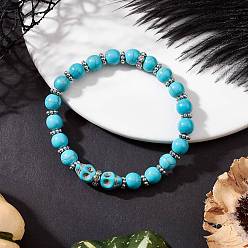 Темно-бирюзовый Браслеты на Хэллоуин с латунными кристаллами, стразами, окрашенной синтетической бирюзой, черепами и круглыми бусинами для мужчин и женщин, платина, темные бирюзовый, внутренний диаметр: 2-3/8 дюйм (6 см)