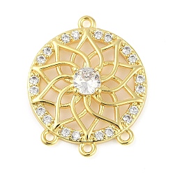 Настоящее золото 18K Звенья компонентов люстры из латуни, прозрачного кубического циркония, полые плоские круглые с цветком, реальный 18 k позолоченный, 18.5x15x3.5 мм, отверстие : 1 мм
